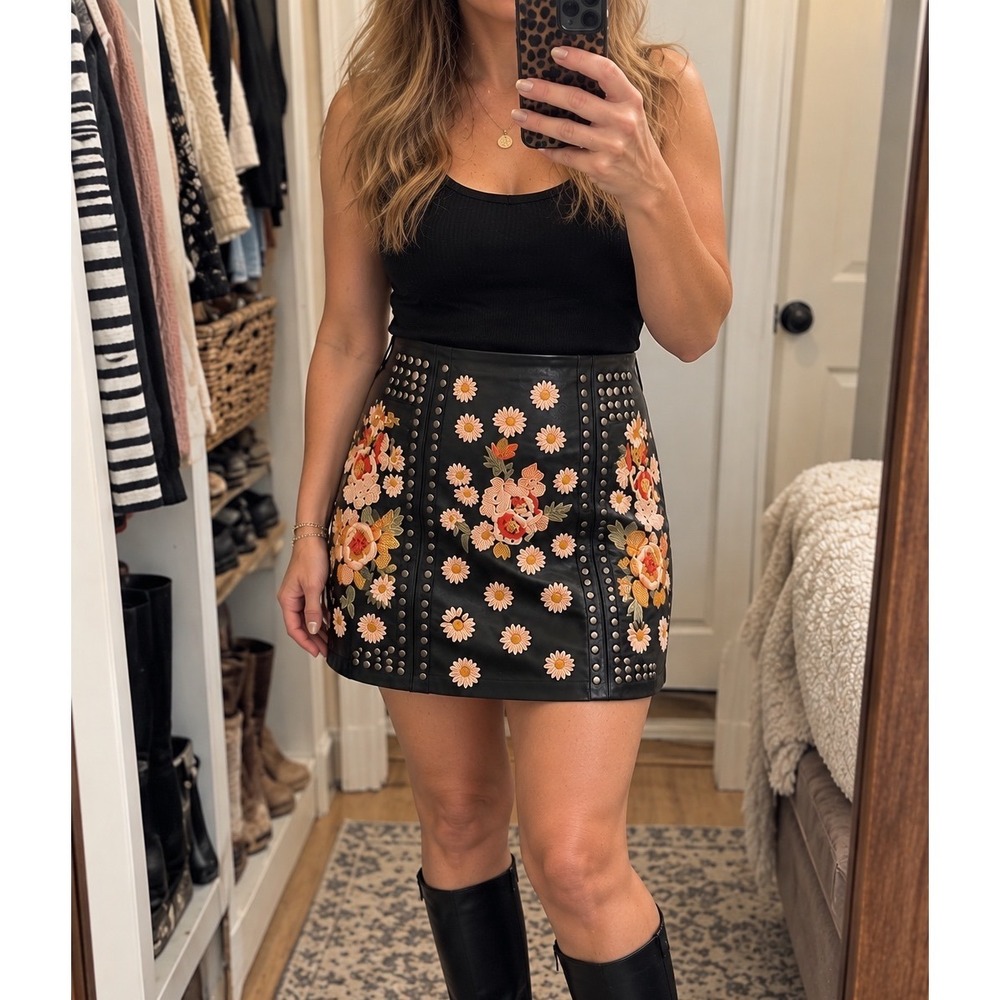 Free People Vegan Leather Mini Skirt 10 Floral Embroidered Studded Black